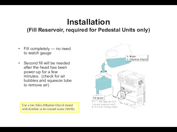 Installation (Fill Reservoir, required for Pedestal Units only) Fill completely — no