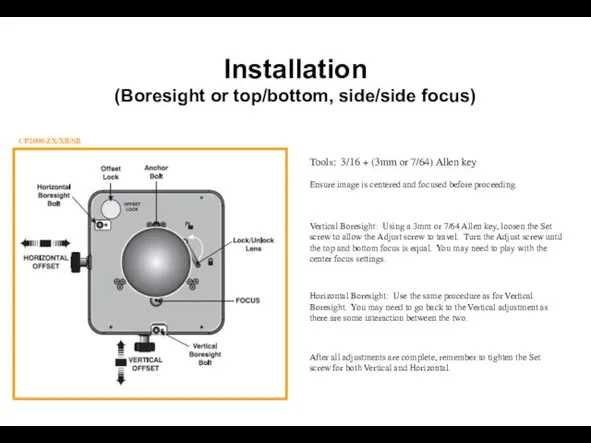 Installation (Boresight or top/bottom, side/side focus) CP2000-ZX/XB/SB Tools: 3/16 + (3mm or