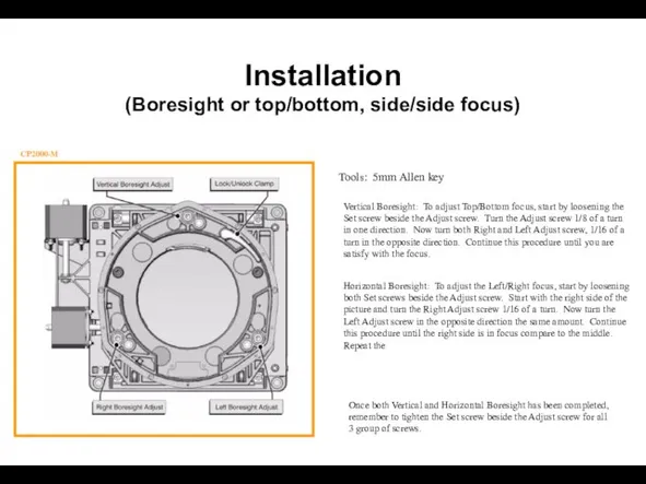 Installation (Boresight or top/bottom, side/side focus) CP2000-M Tools: 5mm Allen key Vertical