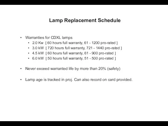 Lamp Replacement Schedule Warranties for CDXL lamps 2.0 Kw [ 60 hours