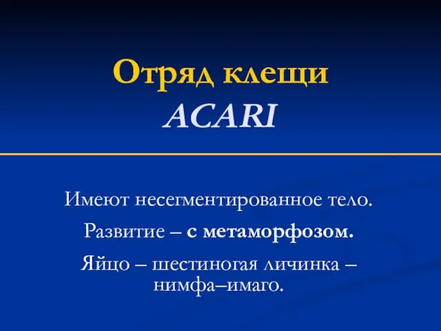 Отряд клещи ACARI Имеют несегментированное тело. Развитие – с метаморфозом. Яйцо – шестиногая личинка – нимфа–имаго.