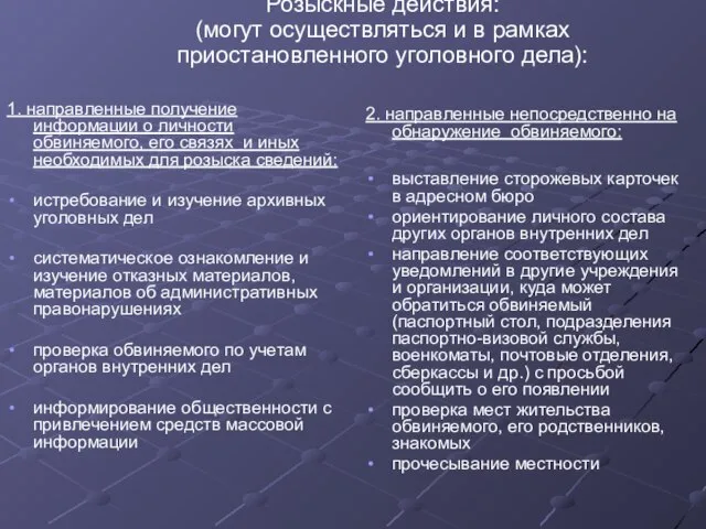 Розыскные действия: (могут осуществляться и в рамках приостановленного уголовного дела): 1. направленные