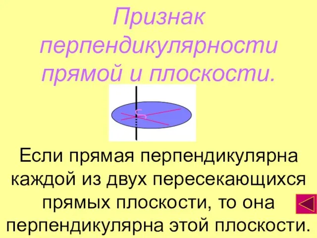 Признак перпендикулярности прямой и плоскости. Если прямая перпендикулярна каждой из двух пересекающихся