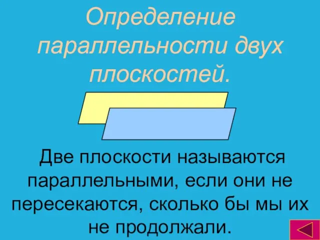 Определение параллельности двух плоскостей. Две плоскости называются параллельными, если они не пересекаются,