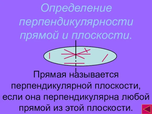 Определение перпендикулярности прямой и плоскости. Прямая называется перпендикулярной плоскости, если она перпендикулярна