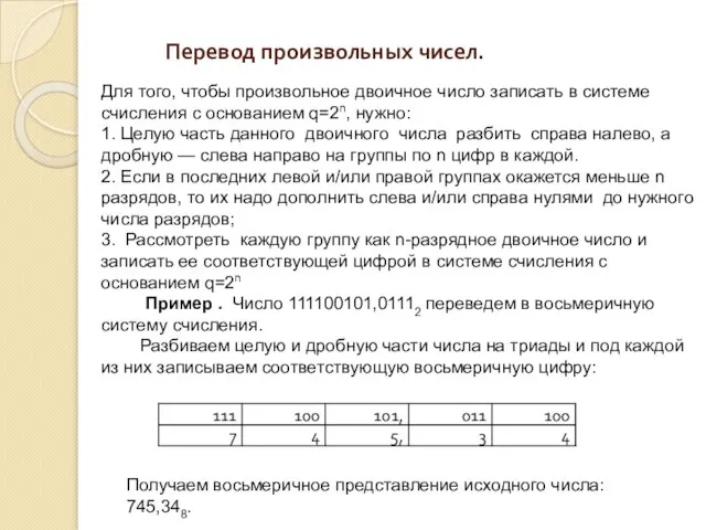 Перевод произвольных чисел. Для того, чтобы произвольное двоичное число записать в системе