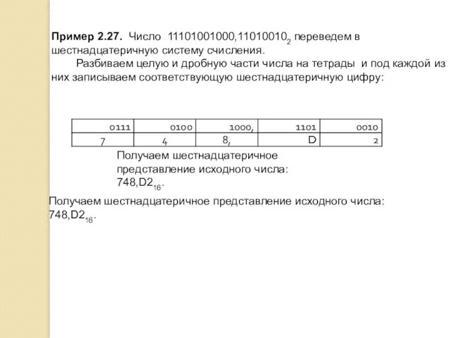 Пример 2.27. Число 11101001000,110100102 переведем в шестнадцатеричную систему счисления. Разбиваем целую и