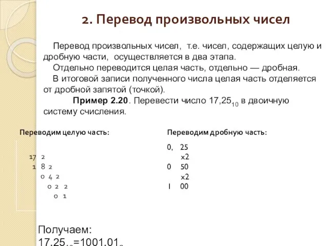 2. Перевод произвольных чисел Перевод произвольных чисел, т.е. чисел, содержащих целую и