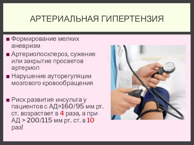 Формирование мелких аневризм Артериолосклероз, сужение или закрытие просветов артериол Нарушение ауторегуляции мозгового