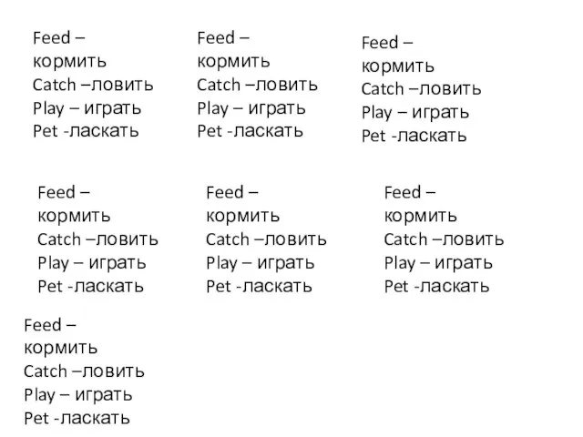 Feed –кормить Catch –ловить Play – играть Pet -ласкать Feed –кормить Catch