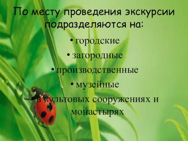 По месту проведения экскурсии подразделяются на: городские загородные производственные музейные в культовых сооружениях и монастырях