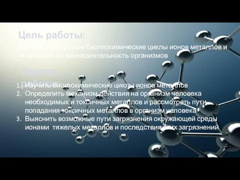 Цель работы: Изучить глобальные биогеохимические циклы ионов металлов и их влияние на