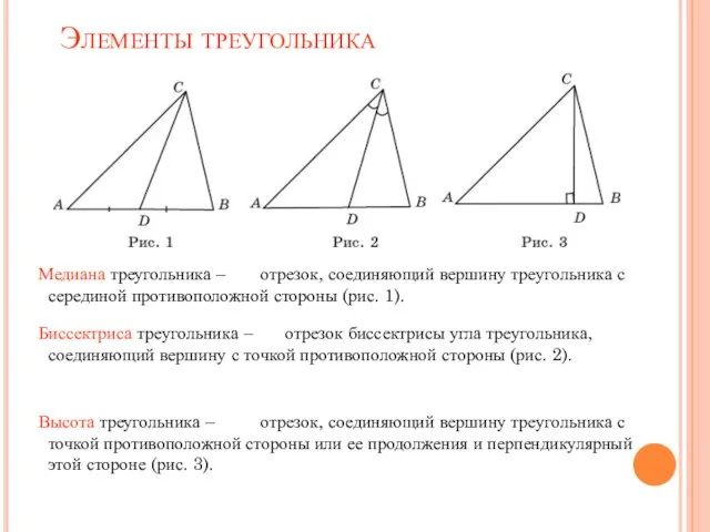 Элементы треугольника Медиана треугольника – Биссектриса треугольника – Высота треугольника – отрезок,