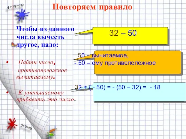 Чтобы из данного числа вычесть другое, надо: Найти число, противоположное вычитаемому. К