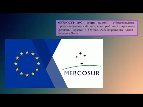 МЕРКОСУР (1991, общий рынок) – субрегиональный торгово-экономический союз, в который входят Аргентина,