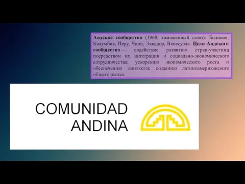 Андское сообщество (1969, таможенный союз): Боливия, Колумбия, Перу, Чили, Эквадор, Венесуэла. Цели