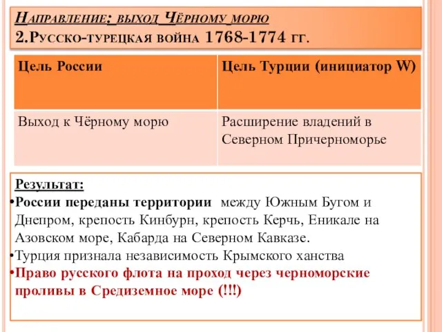 Направление: выход Чёрному морю 2.Русско-турецкая война 1768-1774 гг. Результат: России переданы территории