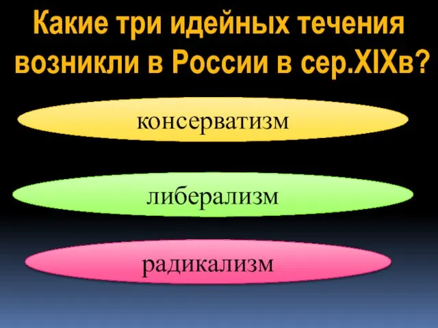 Какие три идейных течения возникли в России в сер.XIXв? либерализм консерватизм радикализм