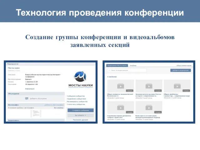 Создание группы конференции и видеоальбомов заявленных секций Технология проведения конференции