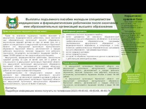 Выплаты подъемного пособия молодым специалистам медицинским и фармацевтическим работникам после окончания ими