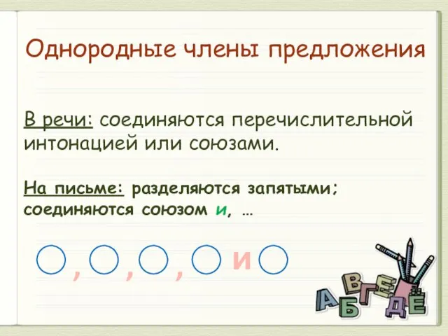 Однородные члены предложения В речи: соединяются перечислительной интонацией или союзами. На письме: