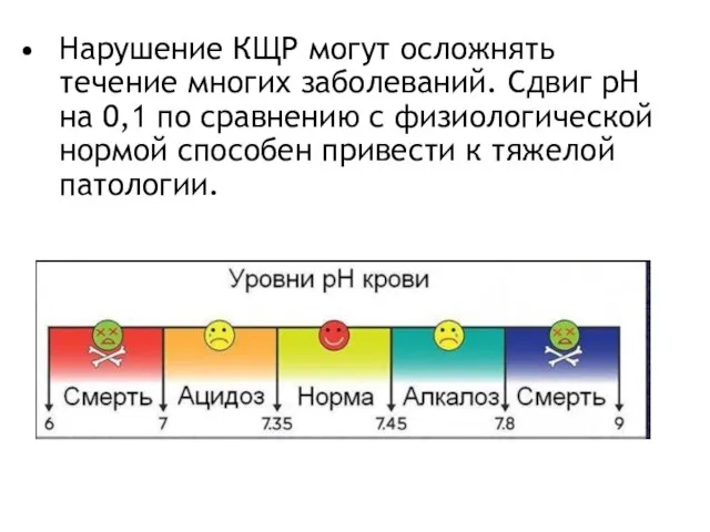 Нарушение КЩР могут осложнять течение многих заболеваний. Сдвиг рН на 0,1 по