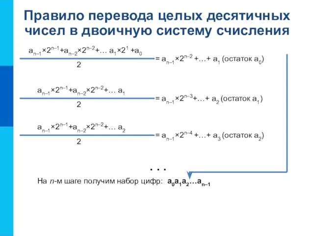 Правило перевода целых десятичных чисел в двоичную систему счисления an–1×2n–1+an–2×2n–2+… a1×21 +a0