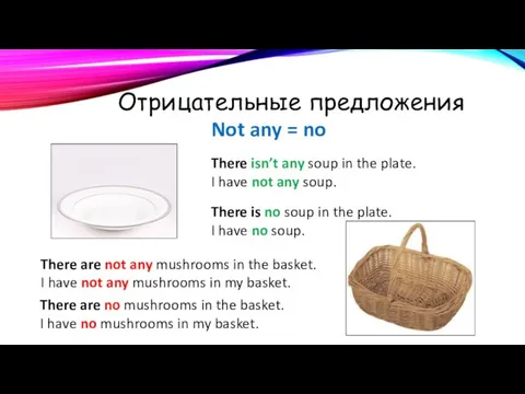 Отрицательные предложения Not any = no There isn’t any soup in the