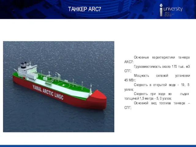 ТАНКЕР ARC7 Основные характеристики танкера ARC7: Грузовместимость около 170 тыс. м3 СПГ;