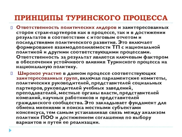 ПРИНЦИПЫ ТУРИНСКОГО ПРОЦЕССА Ответственность политических лидеров и заинтересованных сторон стран-партнеров как в