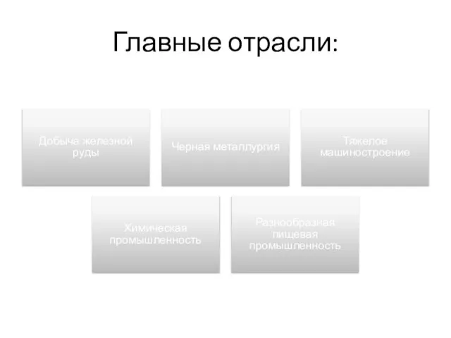 Главные отрасли: Добыча железной руды Черная металлургия Тяжелое машиностроение Химическая промышленность Разнообразная пищевая промышленность