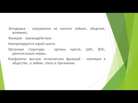 Эктодерма – направлена на контакт (обмен, общение, влияние). Функция – взаимодействие. Контролируется