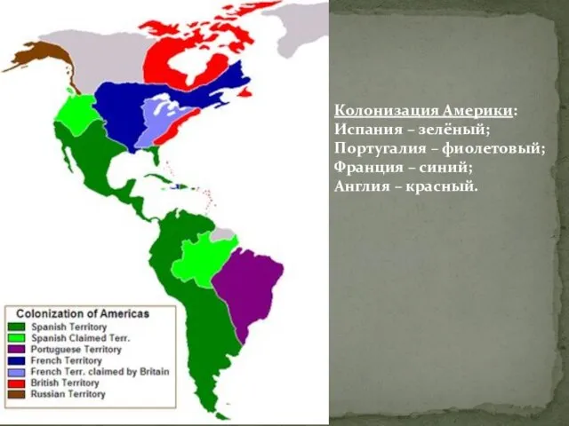 Колонизация Америки: Испания – зелёный; Португалия – фиолетовый; Франция – синий; Англия – красный.