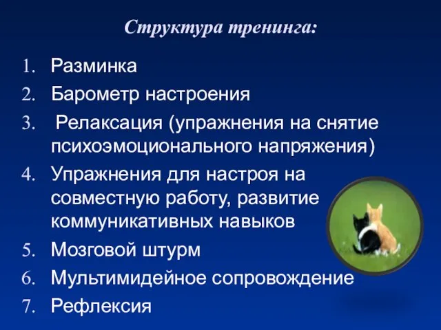 Разминка Барометр настроения Релаксация (упражнения на снятие психоэмоционального напряжения) Упражнения для настроя