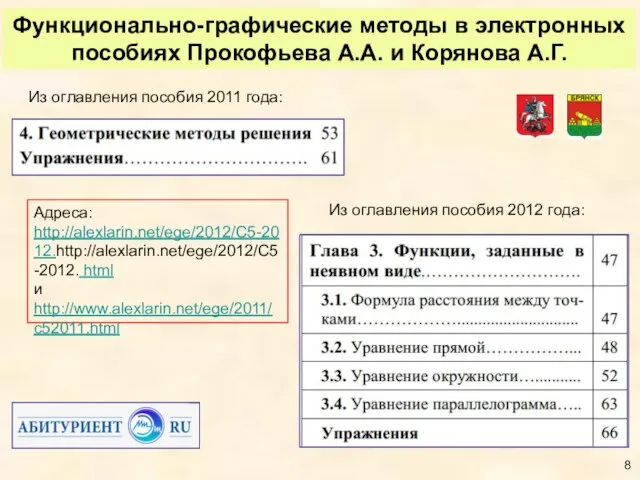 Функционально-графические методы в электронных пособиях Прокофьева А.А. и Корянова А.Г. Адреса: http://alexlarin.net/ege/2012/C5-2012.http://alexlarin.net/ege/2012/C5-2012.