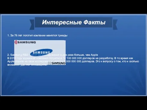 Интересные Факты 1. За 78 лет логотип компании менялся трижды 2. Samsung