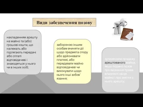 Види забезпечення позову накладенням арешту на майно та (або) грошові кошти, що