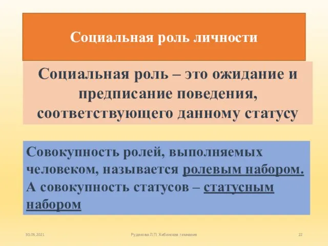 Социальная роль личности Социальная роль – это ожидание и предписание поведения, соответствующего