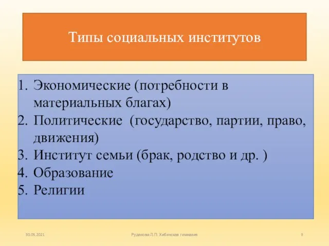 Типы социальных институтов Экономические (потребности в материальных благах) Политические (государство, партии, право,