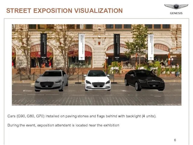 STREET EXPOSITION VISUALIZATION Cars (G90, G80, G70) installed on paving stones and
