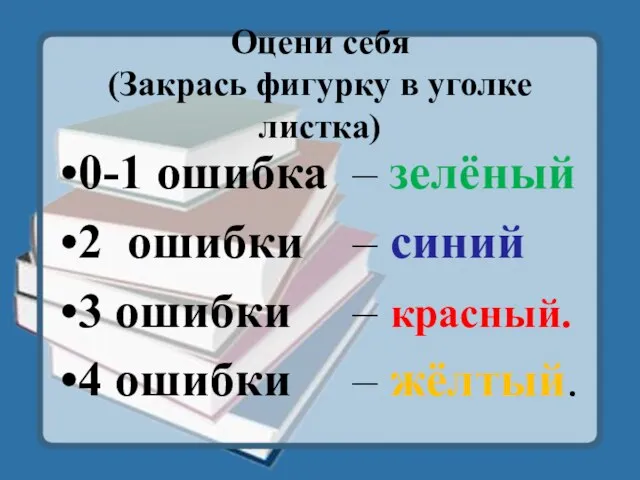 Оцени себя (Закрась фигурку в уголке листка) 0-1 ошибка – зелёный 2