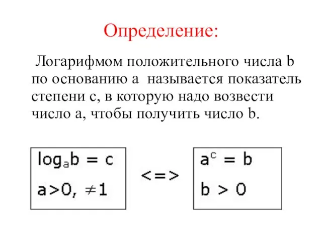 Определение: Логарифмом положительного числа b по основанию a называется показатель степени с,