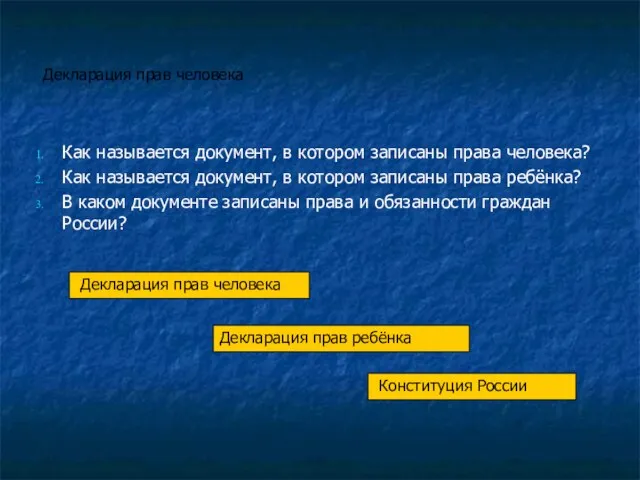 Декларация прав человека Как называется документ, в котором записаны права человека? Как