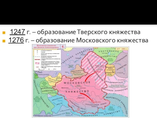 1247 г. – образование Тверского княжества 1276 г. – образование Московского княжества