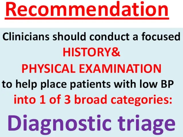 Recommendation 1 Clinicians should conduct a focused HISTORY& PHYSICAL EXAMINATION to help