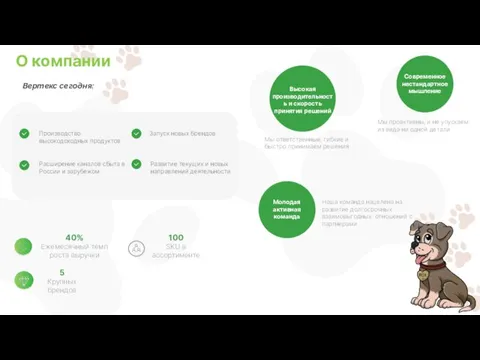 О компании Запуск новых брендов Производство высокодоходных продуктов Развитие текущих и новых