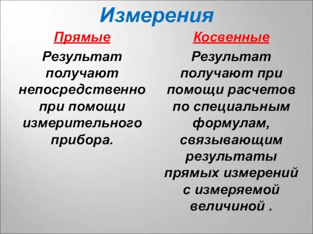 Измерения Прямые Результат получают непосредственно при помощи измерительного прибора. Косвенные Результат получают