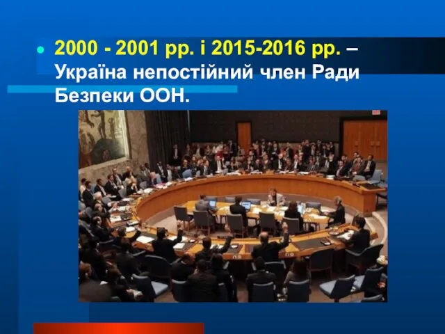 2000 - 2001 рр. і 2015-2016 рр. – Україна непостійний член Ради Безпеки ООН.