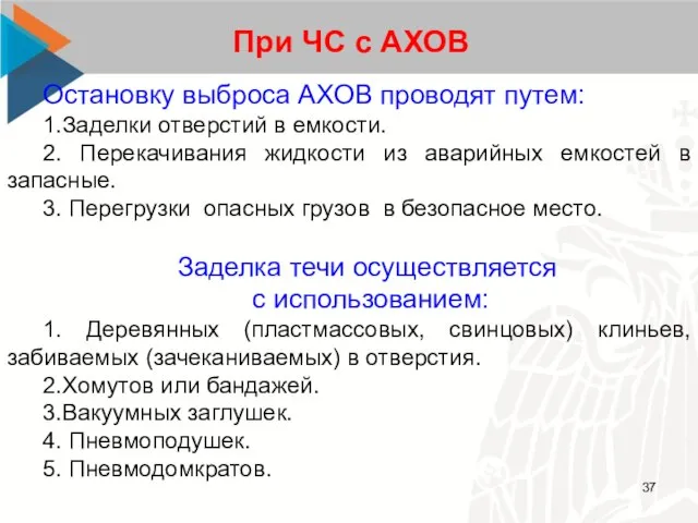 При ЧС с АХОВ Остановку выброса АХОВ проводят путем: 1.Заделки отверстий в