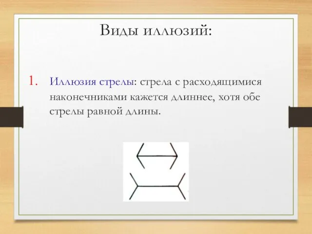 Виды иллюзий: Иллюзия стрелы: стрела с расходящимися наконечниками кажется длиннее, хотя обе стрелы равной длины.